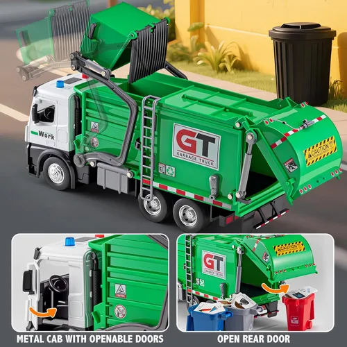 Vista 3 de HAPYAD Camiones de basura de juguete con cabina de metal, juguetes realistas de camiones de basura para niños con luces y sonidos, vehículos