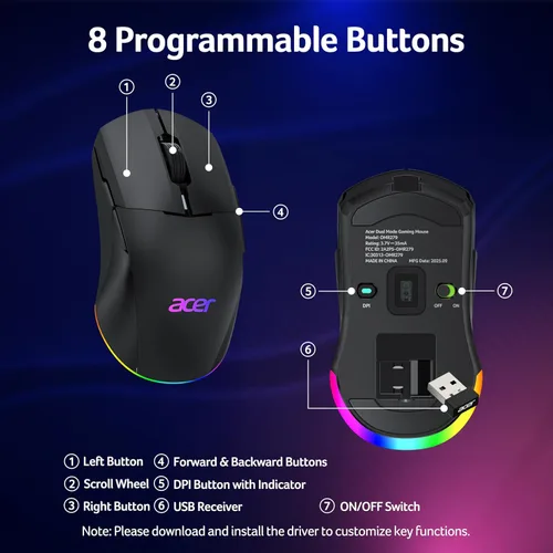 Vista 6 de acer Mouse inalámbrico para juegos para laptop, 24,000 DPI con cable para juegos de computadora con 8 botones programables, mano izquierda