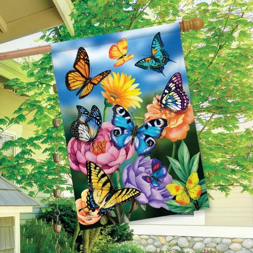 Vista 2 de Briarwood Lane Mariposas en el jardín Spring House Flag