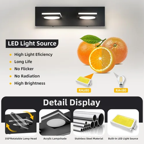 Vista 2 de OKELI Lámpara LED de tocador de baño de 2 luces, color negro mate, moderna lámpara de pared sobre espejo (3CCT, 3000K-6000K)