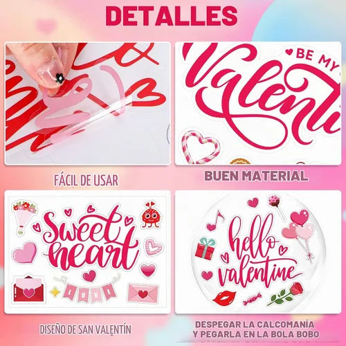 Vista 3 de Whaline 16 calcomanías de globos de Bobo para el día de San Valentín, diseño surtido de globos rosados, calcomanías decorativas de letras de corazón