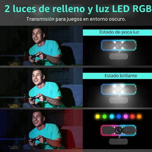 Vista 2 de NBPOWER Cámara web de transmisión 1080P 60FPS con micrófono y luz RGB de relleno, enfoque automático, funciona con computadora portátil/computadora