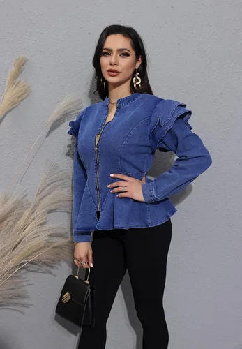 Vista 4 de ECHOINE Chaqueta vaquera casual para mujer, manga larga, con cremallera, volantes, hombros descubiertos, abrigo peplum talla grande