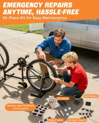 Vista 6 de Kit de reparación de neumáticos de bicicleta de 36 piezas, kit de parche de neumáticos de bicicleta premium, kit de reparación de neumáticos