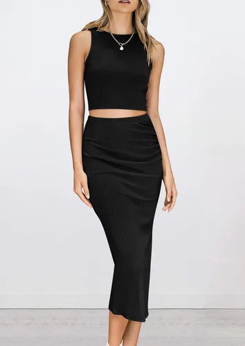 Vista 6 de PRETTYGARDEN Conjunto de 2 piezas de verano para mujer, cuello redondo, sin mangas, con abertura, falda midi