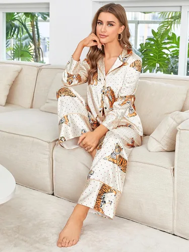 Vista 7 de WDIRARA Conjunto de pijama de manga corta y pantalones de satén a rayas para mujer