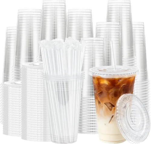 Vista 12 de Lamosi Paquete de 100 vasos de plástico transparente de 12 onzas con tapas y pajitas, tazas de café de plástico desechables con tapas para café