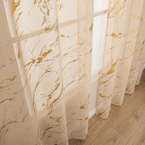 Vista 4 de Cortinas Transparentes Beige con Estampado de Lámina de Mármol Dorado de 63 Pulgadas de Largo para Cuarto de Bebé, Paneles de Ventana con Bolsillo