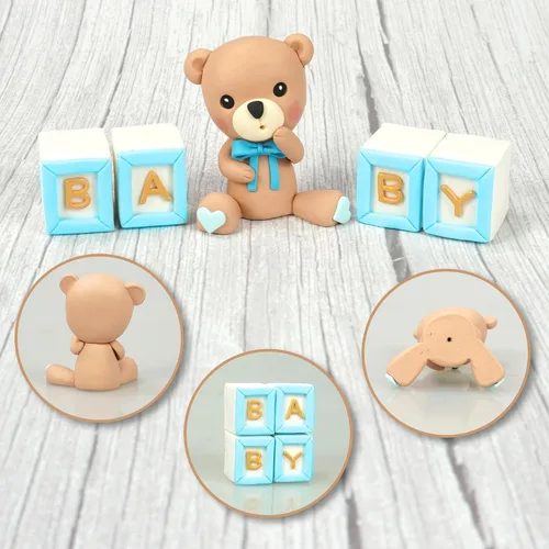 Vista 3 de Decoración para tartas de oso, decoración de pastel de oso con letras azules, esferas doradas y azules y blancas de perlas para suministros