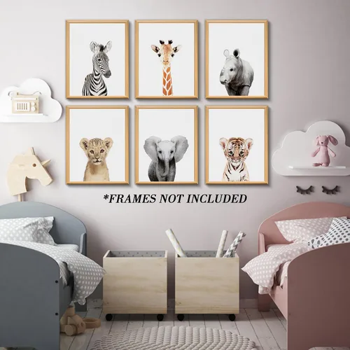 Vista 3 de calmart Arte de la pared: 6 Decoración para colgar en la pared de animales de la selva sin marco para la habitación de los niños, guardería, fiesta