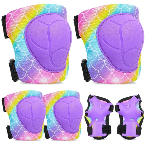 Vista 10 de FIODAY Rodilleras para niños, conjunto de equipo de protección ajustables para niños, rodilleras y coderas con protector de muñeca para niñas