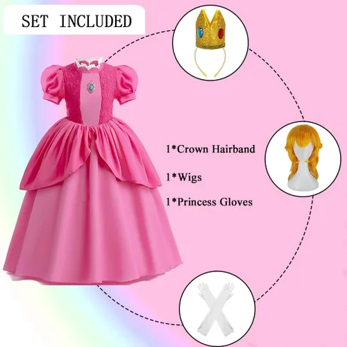 Vista 2 de Oumbivil Princess Peach Costume Dress for Girls Kids Cosplay with Wig Crown Gloves Birthday Outfit Halloween Costumes