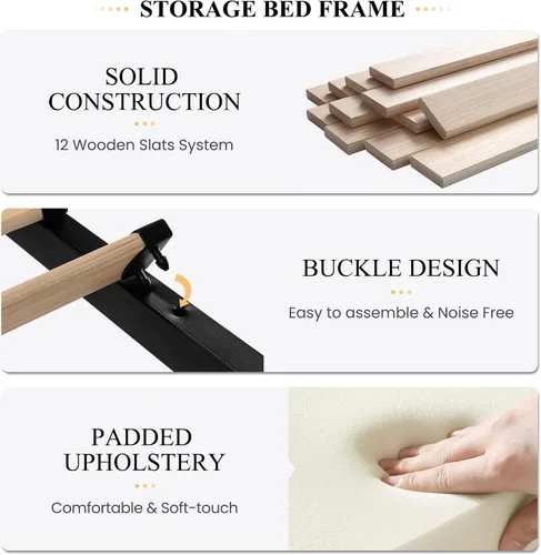 Vista 8 de SHA CERLIN Base de cama de plataforma tamaño matrimonial con 4 cajones de almacenamiento, cabecera acolchada vertical con diseño acanalado