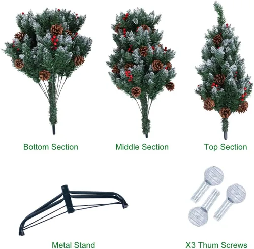 Vista 5 de AGM Árbol de Navidad artificial de 7 pies con soporte de metal plegable, cono de pino y fruta roja, árboles de nieve flocados de 7 pies de alto