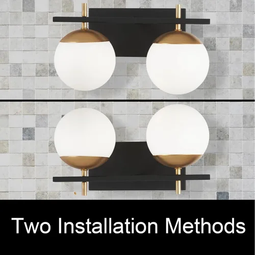 Vista 4 de 2 lámparas de baño, luz negra y dorada, luz de baño de mediados de siglo sobre espejo con pantalla de globo de vidrio blanco, apliques de pared