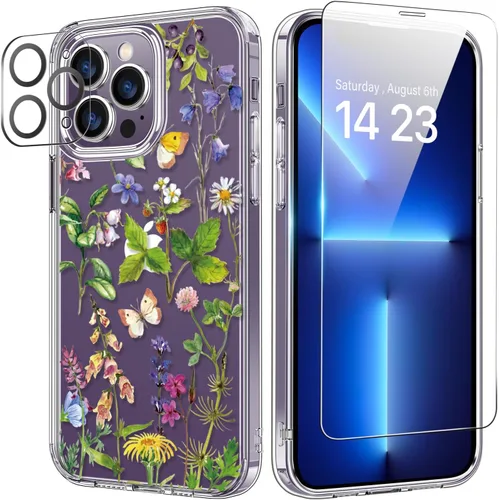 Vista 29 de bicol Funda para iPhone 14 Plus con Protector de Pantalla y Lente de Cámara - Diseños Florales de Moda para Mujeres y Niñas - Funda Transparente