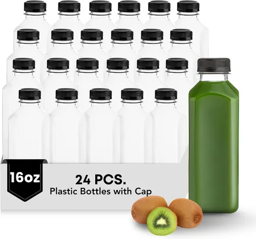Vista 7 de Botellas de plástico Hammont con tapas - Botellas transparentes de PET para café helado y jugo, paquete de 24 - Botella reutilizable para jugos