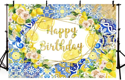 Vista 2 de MEHOFOND Telón de fondo de limón con diseño de feliz cumpleaños, azulejos azules, fondo mediterráneo de Marruecos, decoración de fiesta