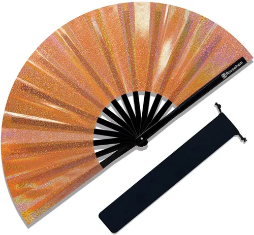 Vista 8 de Ventilador grande para rave, ventilador de mano plegable Clack con tela de primera calidad, marco de bambú grueso para hombres y mujeres, regalo