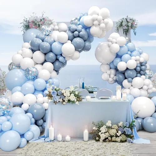 Vista 7 de Kit de arco de globos azules y blancos de 134 piezas, globos azules y blancos con confeti azul polvoriento para aniversario, revelación de género
