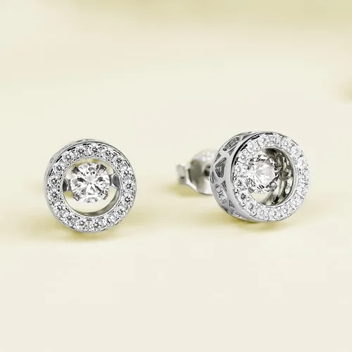 Vista 4 de YL Aretes redondos de plata de ley con forma de halo y diamante bailarín, aretes solitarios para mujer