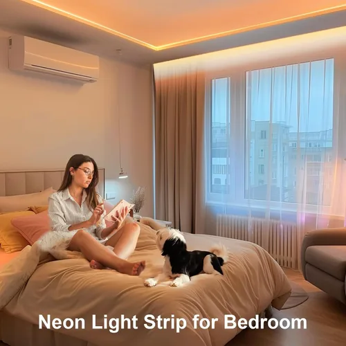 Vista 5 de Luces LED de neón en forma de cuerda, tira de luces de neón blancas cálidas de 16.4 pies/5m, tira LED impermeable flexible de 12V, luces de neón