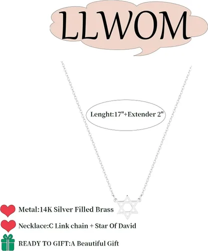 Vista 5 de LLWOM Collar de oro para mujer, chapado en oro de 14 quilates, collar de estrella de David, dije de cruz de mal de ojo, corazón delicado collar