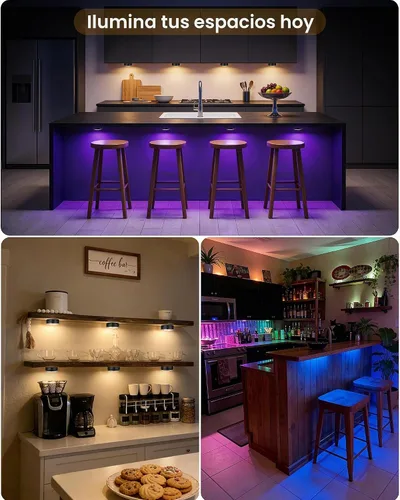 Vista 6 de Luces LED de disco con control remoto, luces inalámbricas de armario que funcionan con pilas, luces debajo del gabinete, luces de empuje, luces que