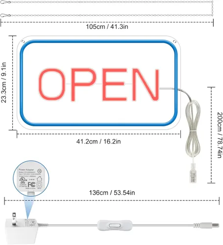 Vista 5 de inShareplus Letrero Open súper brillante de 16 x 9 pulgadas, letreros Open LED de neón de 12 V para negocios para ventana, con interruptor