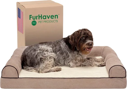 Vista 17 de Furhaven Cama para perro, de espuma viscoelástica, estilo sofá, Sherpa y chenilla, crema, M