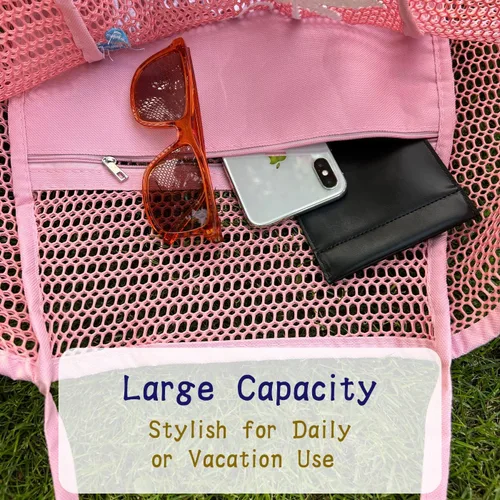 Vista 8 de ukia Bolsa de playa de malla, bolsas de playa de gran capacidad para mujer, bolsa de playa plegable con bolsillo con cremallera