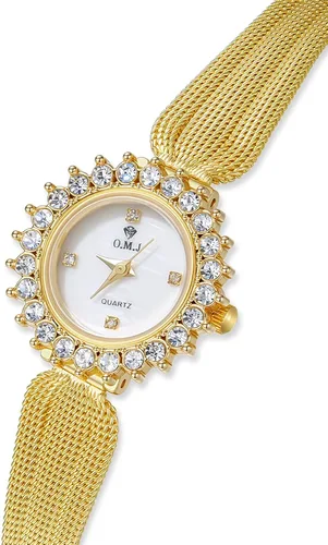 Vista 3 de Women's Gold Watch Crystal Bezel Mesh Band Mother of Pearl Dial