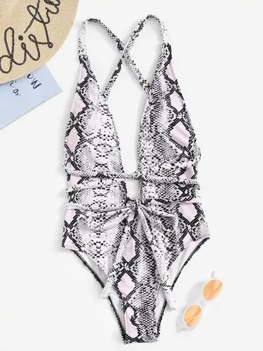 Vista 3 de SweatyRocks - Traje de baño entero, traje de baño sexy para mujer, con tirantes cruzados, nudo frontal y escote profundo en V, traje de baño de 1