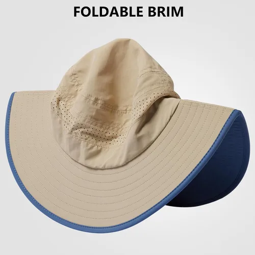 Vista 2 de Sombrero de cubo de sol con ala plegable UPF 50+ resistente al agua con malla perforada láser ajustable para hombres y mujeres al aire libre Caqui