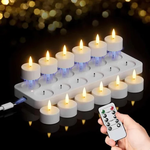 Vista 11 de GenSwin 12 velas de té recargables con base de carga y temporizador remoto, velas LED sin llama, funciona con pilas, para Halloween, otoño, mesa