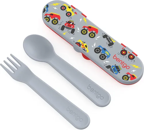Vista 9 de Bentgo Juego de utensilios para niños, tenedor, cuchara y estuche de almacenamiento de plástico reutilizable, materiales sin BPA, asas de fácil