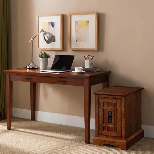 Vista 25 de Leick Home Laurent 10537 - Mesa auxiliar con lámpara, madera maciza, con cajón y estante, cereza chocolate