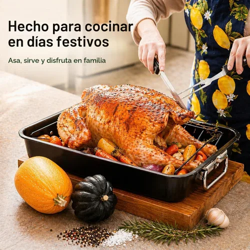 Vista 5 de Moss & Stone Cacerola para asar de acero al carbono con juego de estante de asado removible en forma de "V", bandeja para asar rectangular de 16.5