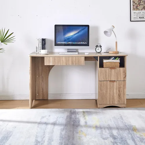 Vista 7 de Escritorio moderno para computadora de 55 pulgadas con bandeja para teclado, tomas de corriente integradas, diseño estriado, cajón principal 2 en 1