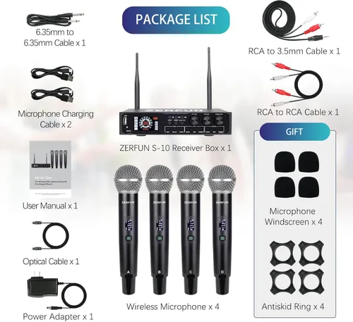 Vista 7 de Pro - Sistema de micrófono inalámbrico de 4 canales recargable y preefector, micrófonos inalámbricos de mano de metal UHF con pantalla LCD, corte