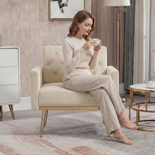 Vista 2 de Olela Silla decorativa con brazo para sala de estar, sillón moderno de terciopelo, sofá individual, acogedora silla auxiliar tapizada para lectura
