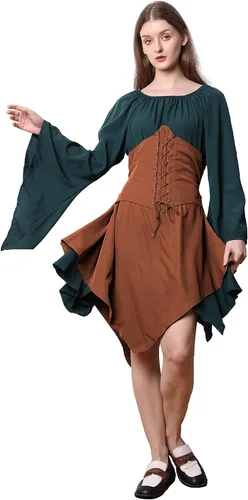 Vista 3 de QiaoPkeb Vestido renacentista para mujer, vestido victoriano, disfraz medieval para mujer, vestido corto irlandés tradicional