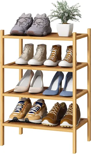 Vista 22 de kiplant Zapatero de bambú negro de 2 niveles, zapatero apilable de madera de bambú para armario, entrada y pasillo