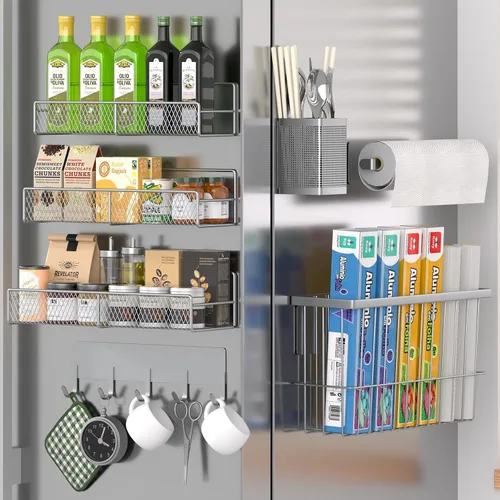 Vista 25 de Estante magnético para especias para refrigerador, paquete de 7 estantes magnéticos fuertes 100% de metal, organizador de especias con soporte