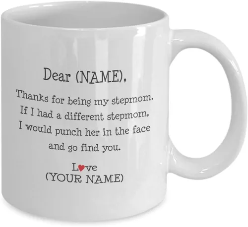 Vista 2 de Regalo para madrastra de hijastra hijastro hijastro. Taza de café de aniversario de madrastra de hija, hijo, niño, niños. Personalizada. Querido