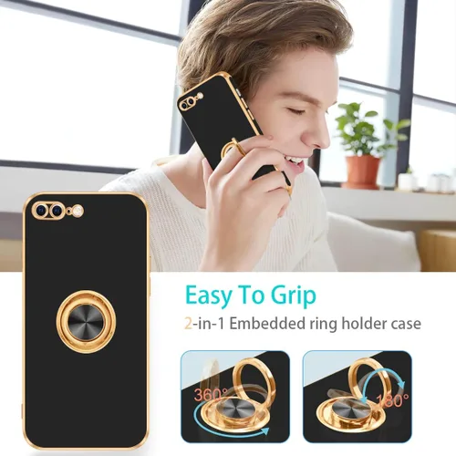 Vista 5 de Fingic Funda para iPhone 7 Plus, iPhone 8 Plus con soporte de anillo, soporte magnético giratorio de 360°, borde dorado brillante, funda protectora