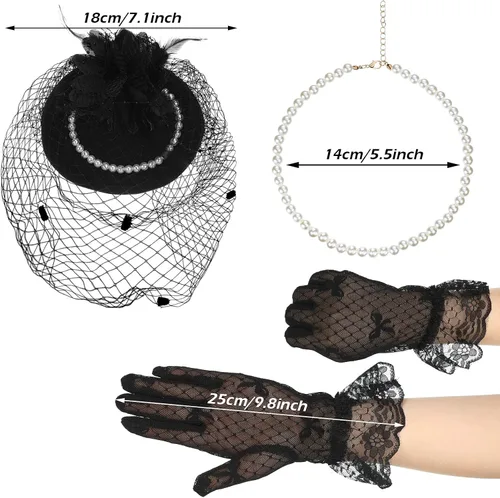 Vista 3 de Hicarer Tocado de los años 50 para mujer, sombrero de velo funerario, pastillero, cóctel, fiesta de té, tocado y guante de encaje, collar de perlas