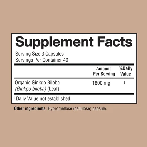 Vista 3 de Ginkgo Biloba 1800 mg, Ginkgo Biloba Organic, soporte de memoria y función cerebral, mejora la concentración y el apoyo cognitivo, claridad, 120
