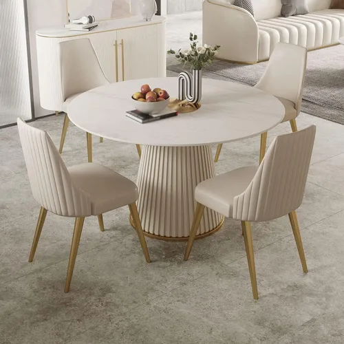 Vista 2 de LITFAD Mesa de comedor redonda de estilo moderno, mesa de restaurante de piedra blanca con base de pedestal Simplicity comedor muebles