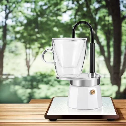 Vista 5 de Mini Express Swiss Single Tube Moka Pot Aluminio Marfil Blanco, El juego Moka incluye una taza de doble pared de 3 onzas, disfruta de un delicioso